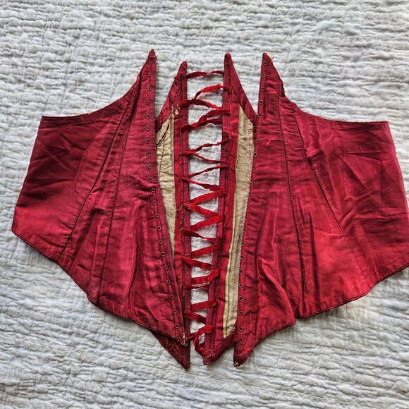 Antique Victorian Handmade Red Silk Lace Up Wasp Waist Corset With Boning - Picture 7 of 7